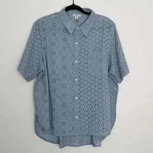 Sundance Tabitha Eyelet Shirt Button Down Sky Blue Cotton XL Short Sleeve NWT